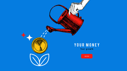 Trendy collage of hand with watering can and coin flower. Growth, money, finance, banking, investment, saving, crowdfunding, crypto platforms concept. Hand drawn retro vector illustration. © pim