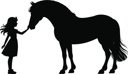 Silhouette of young girl with horse, gentle bond, friendship, animal care, emotional connection, peaceful rural scene, love and trust