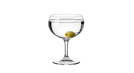 Isolated coupe glass of martini with green olive with pimento, perfect garnish for cocktail
