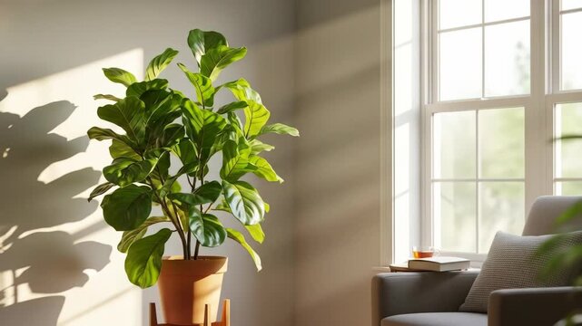 Interior scene with potted plant casting shadows in sunlight room