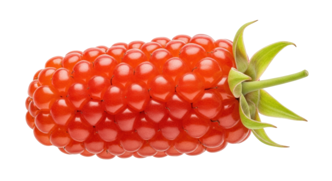 Isolated thimbleberry fruit on no background, wild red raspberries with leaves, natural food