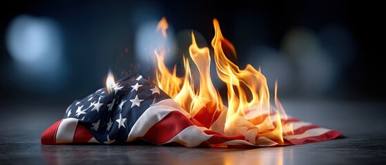 Burning American flag on a dark background during a protest scene