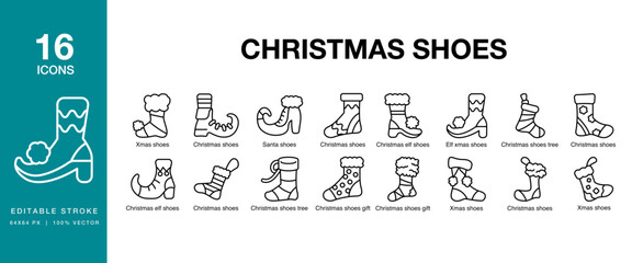 Christmas Shoes icon set. Includes christmas, shoes, winter, holiday, festive and More. Editable Stroke Icon Collection.