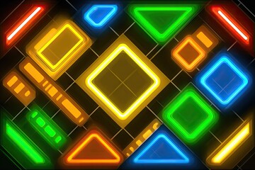 Colorful neon geometric shapes pattern on black grid background
