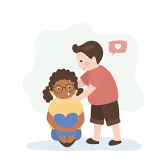 Boy offering solace to tearful friend. Empathy, boy comforting crying girl. Multi Ethnic kids isolated on white background. Warm hugs.