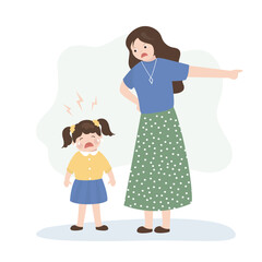 Mother scolding her daughter. Angry mom yelling at little scared kid. Unhappy girl crying. Social issues.