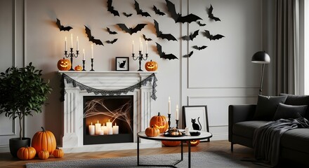 Stylish room interior with creative Halloween decor