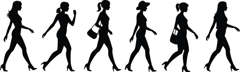 Silhouettes of stylish women walking, female movement illustration, fashion poses, elegant stride, modern lifestyle concept, confident femininity