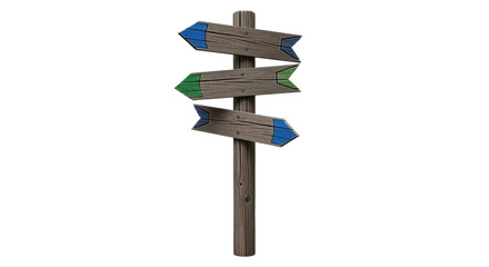 Isolated wooden signpost with arrows pointing in multiple directions for travel guide use