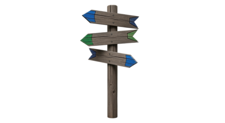 Isolated wooden signpost with arrows pointing in multiple directions for travel guide use