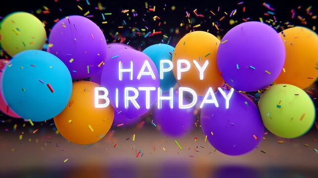 A colorful image of balloons with the words "Happy Birthday" written in neon letters. The balloons are scattered throughout the image, with some floating higher and others closer to the bottom