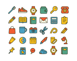 Colorful daily objects icon, daily essentials icon set, household object cartoon, tooth Brush, ‍shoe, bag, watch, Key, Telephone, pencil, lump etc
