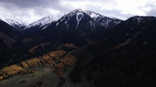 Stunning Aerial View of Majestic Mountain Range Surrounded by Vibrant Forests and Autumn Colors Captured from Above, Showcasing Nature's Breathtaking Landscape