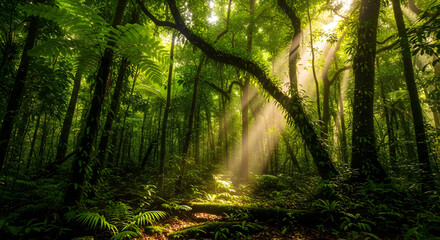 Fototapeta premium Lush Forest Scene with Sunlight Filtering Through Trees