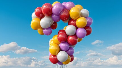 A bunch of balloons in the shape of a question mark. The balloons are in various colors, including red, yellow, and purple. Concept of curiosity and wonder, as if the balloons are floating in the sky
