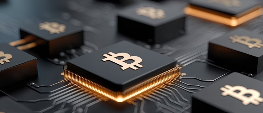 Close-up view of a computer circuit board featuring bitcoin symbols, showcasing the integration of cryptocurrency technology in digital systems