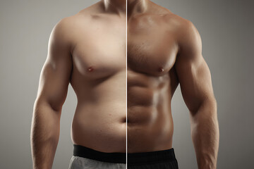 Fototapeta premium Male body transformation showing dramatic weight loss and toned abs after fitness training
