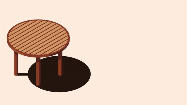Isometric round table animation. Wooden round table. Isometric garden furniture. Isometric furniture. 4K video animated in isometric style