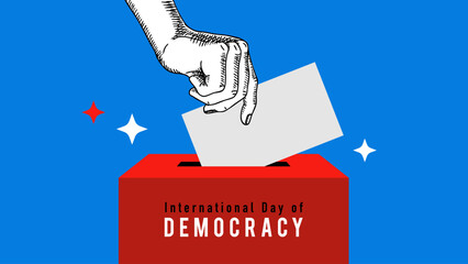 Trendy collage of sketch human hand with ballot card. International Day of democracy concept. Retro hand drawn sketch vector illustration.