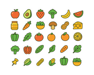 Colorful healthy food icon, healthy meal vector, nutritious food illustration, fresh fruits and vegetables icon, organic food cartoon, balanced diet icon, healthy eating doodle, vitamin rich food vect