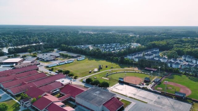 Aerial landscape of Richmond Hill residential area sunny summer day in Bryan County Georgia