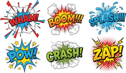 Obraz premium Dynamic Comic Book Style Explosions and Sound Effects Illustration, Vector Graphics, Pop Art Retro Designs for Action, Impact, Wham, Boom, Splash, Pow, Crash, Zap, Expressive Words, Vivid Colors for E