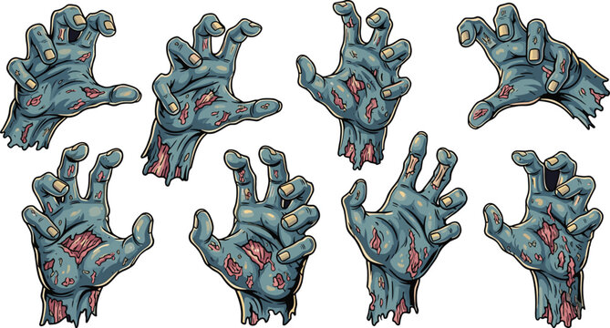 Cartoon Zombie Hands Reaching Out Illustration in Dark Halloween Setting, Graphic Resource for Horror Themed Party Invitation, Spooky Graphic Novel Art, Horror Film Poster, Halloween Decoration & Desi