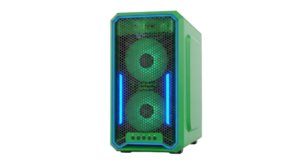 Isolated green computer case with fans, cooling system and blue led strip lights, modern build