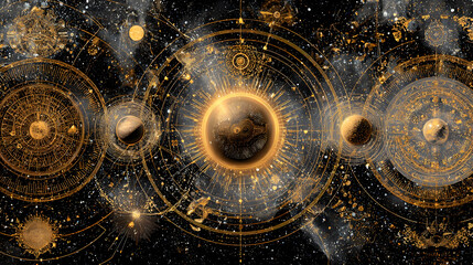 Surreal cosmic alignment of multiple planets in a starry galaxy for fantasy art designs