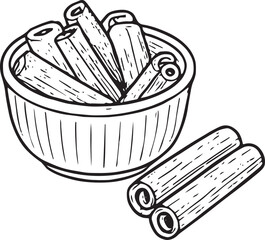 Black and white hand-drawn vector illustration of cinnamon sticks. Minimal doodle line art for winter drinks, mulled wine, cozy kitchen design, and eco Christmas compositions.