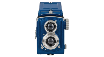 Isolated blue vintage film camera, twin lens reflex camera, classic photography equipment