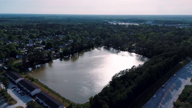 Aerial landscape of Richmond Hill residential area sunny summer day in Bryan County Georgia