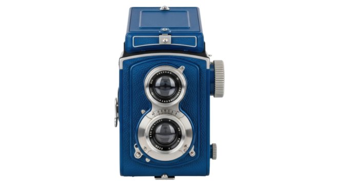 Isolated blue vintage film camera, twin lens reflex camera, classic photography equipment