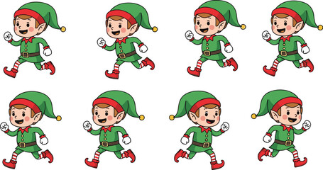 Festive Christmas Elves Running in a Holiday Parade, Cartoon Characters for Seasonal Greetings, Cute Green and Red Costume Design, Merry Christmas Themed Graphic Illustration for Kids, Joyful and Play