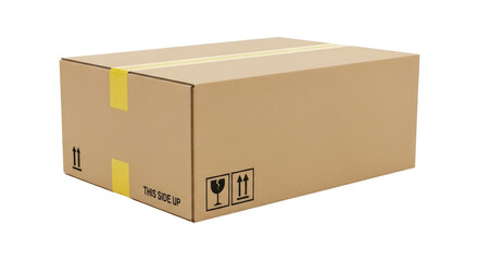 Isolated corrugated cardboard box for shipping or moving, taped, with handling instructions