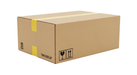 Isolated corrugated cardboard box for shipping or moving, taped, with handling instructions
