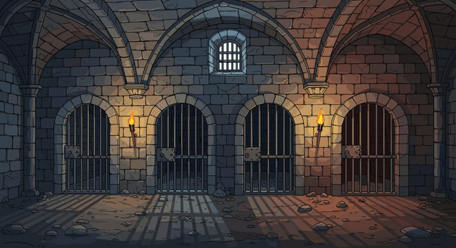 Medieval Dungeon Interior with Stone Walls and Gated Cells, Illustration for Fantasy Game Design, Adventure Storytelling, History Education, Graphic Novel, or Dark Ages Historical Drama Backdrop, Eeri - Powered by Adobe