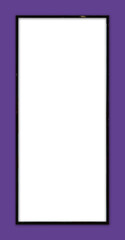 Vertical portrait-oriented display frame with thin black bezel. Screen area blank transparent ideal mockup template mobile apps, videos, advertising. Frame casts subtle shadow on purple background