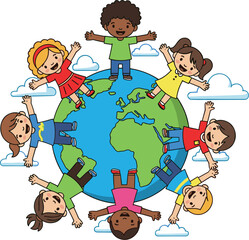 Diverse Children Holding Hands Around Globe, Celebrating Unity and Friendship on Earth in a Peaceful World. International Collaboration, Global Harmony, Multicultural Community, Education, Kid's Illus