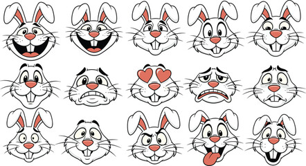 Cartoon Rabbit Faces Expressing Diverse Emotions: A Collection of Funny Bunny Expressions for Animation, Design, Easter, Children's Illustrations, Mascot Concepts, and Whimsical Graphic Design Project