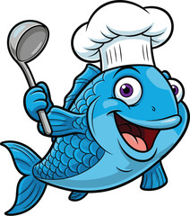 Cartoon Fish Chef Cooking with Ladle: Cheerful aquatic character in cook's hat preparing culinary seafood meal for restaurant menu or food industry marketing, whimsical illustration for children's edu