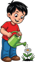 Smiling Young Boy Gardening Watering Blooming Daisy Flower in Sunny Garden Patch Illustration, Promoting Environmental Awareness and Sustainable Practices, Educational Resource for Children, Cartoon S