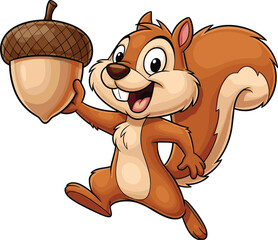 Happy Cartoon Squirrel Running with Acorn: Cheerful Character Mascot for Children's Education, Nature Illustration, Wildlife Conservation, Animation, Advertising, Woodland Animal, Nut, Funny, Joyful,