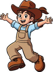 Enthusiastic Young Girl Cowboy Joyfully Jumping with Open Arms in a Rural Setting, Representing Childhood, Happiness, and Adventure for Educational Materials, Children's Media, and Family Lifestyle Co