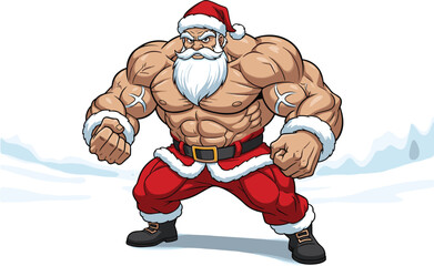 Muscular Santa Claus Ready to Deliver Holiday Cheer in Snowy Winter Scene, Embodying Strength and Festive Spirit, Perfect for Christmas Greetings, Fitness Motivation, Humorous Designs, and New Year Ad