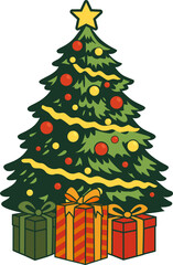 Cristmas tree and gift box vintage retro illustration