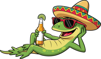 Relaxed Cartoon Lizard Wearing a Sombrero and Sunglasses Sipping Beer on Vacation for Cinco de Mayo Celebration, a Festive Mexican Holiday Themed Graphic for Advertising and Resort Promotion, Vibrant