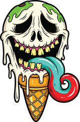 Melting Skull Ice Cream Cone Cartoon Character - Halloween Treat, Spooky Dessert Concept, Creepy Food Design, Fun Kids Illustration, Scary Graphic, Edgy Fashion Print, Unique Sticker, Party Decoration