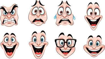 Cartoon Faces Expressing Diverse Emotions and Reactions Illustration Set: Animated Facial Expressions Representing Anger, Fear, Joy, Happiness, Surprise, and Smart Intelligence for Animation, Educatio
