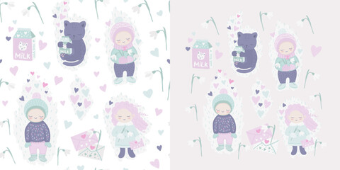 Seamless pattern and illustrations set with cute characters for Valentine's Day